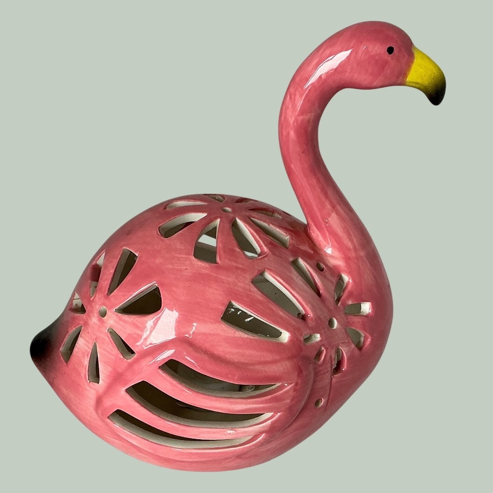 Pink Ceramic Flamingo Light Up Figurine Lattice Cutout Tropical Coastal Decor